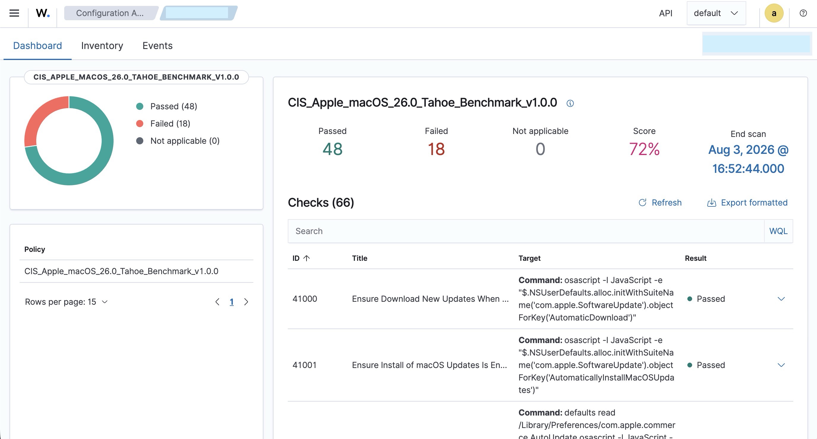 CIS Apple macOS Tahoe dashboard